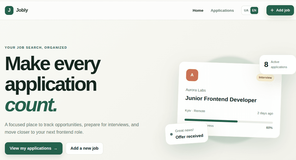 Jobly job application tracker screenshot